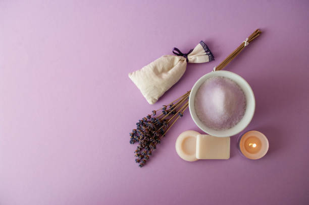 istock Lavender spa cosmetics, natural products, soap, sachet ,tea candle, salt scrub. 1207494887