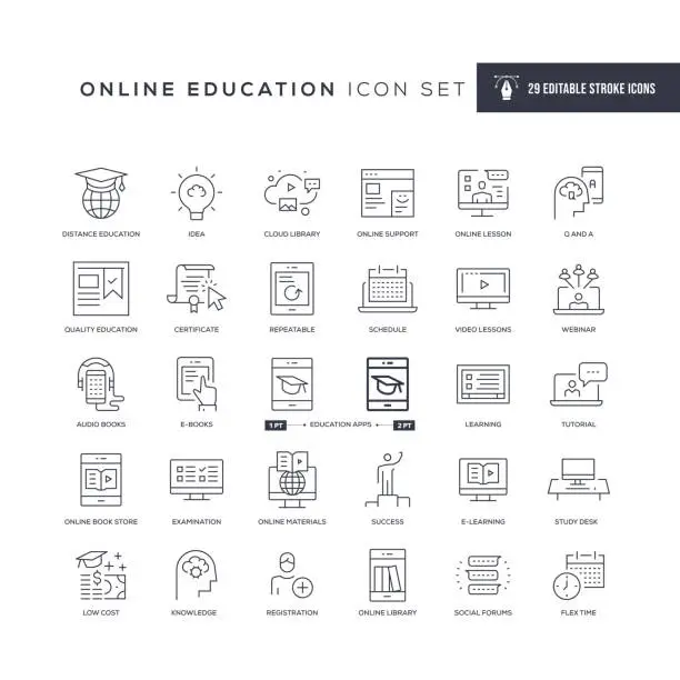 Vector illustration of Online Education Editable Stroke Line Icons