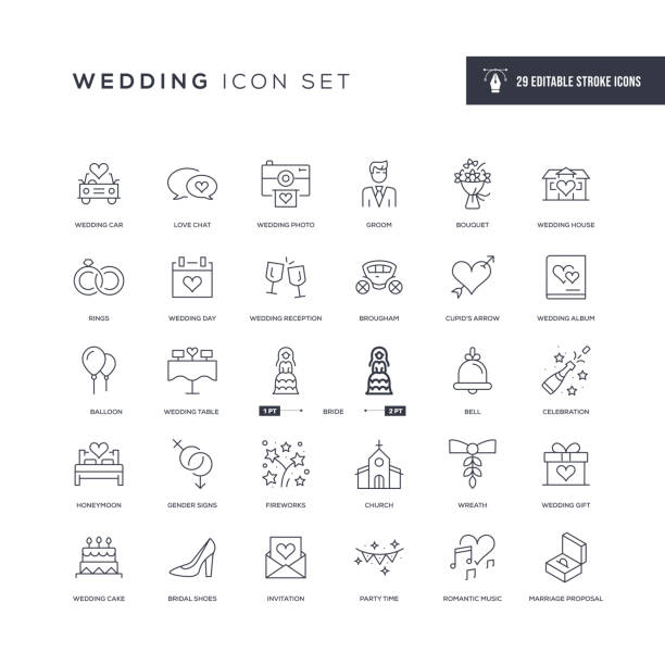 ilustrações, clipart, desenhos animados e ícones de ícones da linha de traçado editável do casamento - wedding invitation illustrations