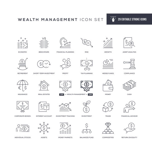 zarządzanie majątkiem edytowalne ikony linii obrysu - stock certificate finance business wealth stock illustrations