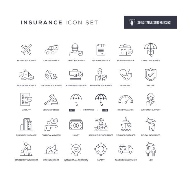 ilustrações de stock, clip art, desenhos animados e ícones de insurance editable stroke line icons - employee theft