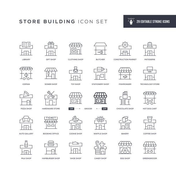 Store Building Editable Stroke Line Icons 29 Store Building Icons - Editable Stroke - Easy to edit and customize - You can easily customize the stroke with market trader stock illustrations