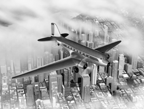 Vintage image of a DC-3 over a generic city created in 3D