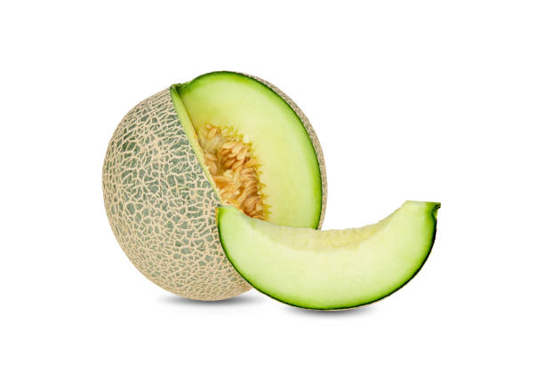 whole and sliced green melon on white background whole and sliced green melon on white background melon stock pictures, royalty-free photos & images