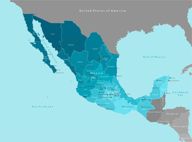 ilustracja wektorowa. uproszczona mapa geograficzna meksyku (stany zjednoczone meksyk) i najbliższych krajów (usa, belize itp.). niebieskie tło oceanu spokojnego. nazwy meksykańskich miast i stanów - michoacan state stock illustrations