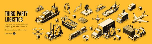 Third party logistics, 3pl, cargo export, import Third party logistics, 3pl, transport, cargo export, import. Integrated warehousing and transportation operation service. Air, road, maritime delivery. 3d isometric vector landing page line art banner truck mode of transport road transportation stock illustrations