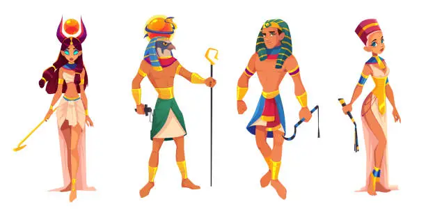 Vector illustration of Egypt gods Hathor, Ra, rulers Pharaoh, Nefertiti