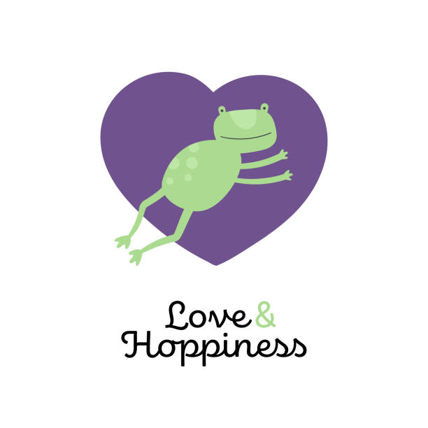 istock Vector Scandinavian animal character poster. Colorful jumping frog on blue heart shape and 
