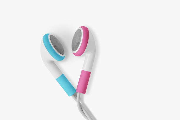 blue and pink earphones on white background - concept of communication between men and women (gender communication) - sex and reproduction audio imagens e fotografias de stock
