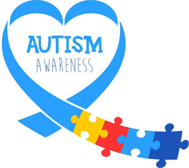 ilustrações de stock, clip art, desenhos animados e ícones de world autism awareness day. blue ribbon with colorful puzzles vector background. heart shape. symbol of autism. medical flat illustration. health care - multi colored heart shape backgrounds repetition