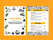 istock Poke bowl restaurant menu design. Colorful grunge cafe template, healthy hawaiian nutrition, fish banner 1207503060
