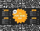 istock Poke bowl restaurant menu design. Colorful grunge cafe template, healthy hawaiian nutrition, fish banner 1207503065