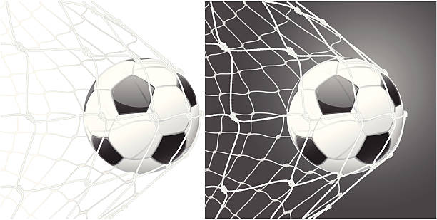 Score a goal, soccer ball Score a goal, soccer ball and stretched net netting stock illustrations