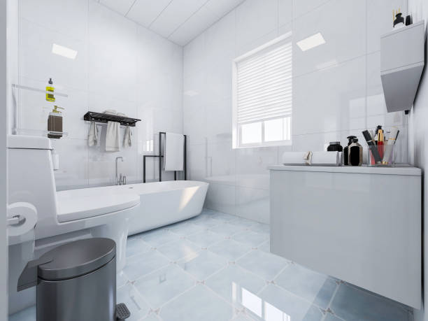 istock 3D rendering, modern residential clean bathroom design, with washbasins, mirrors, toilets and bathtubs 1207506758
