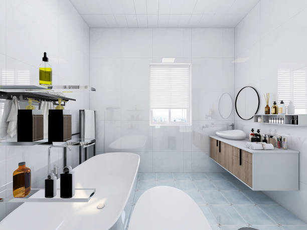 istock 3D rendering, modern residential clean bathroom design, with washbasins, mirrors, toilets and bathtubs 1207506772