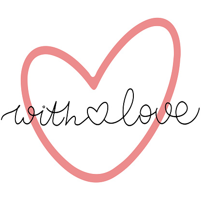 black minimalistic lettering with love in the style of lettering, handwritten, on the background of a red heart. for Valentine's day, family day. logo on a postcard, t-shirt design, print, vector