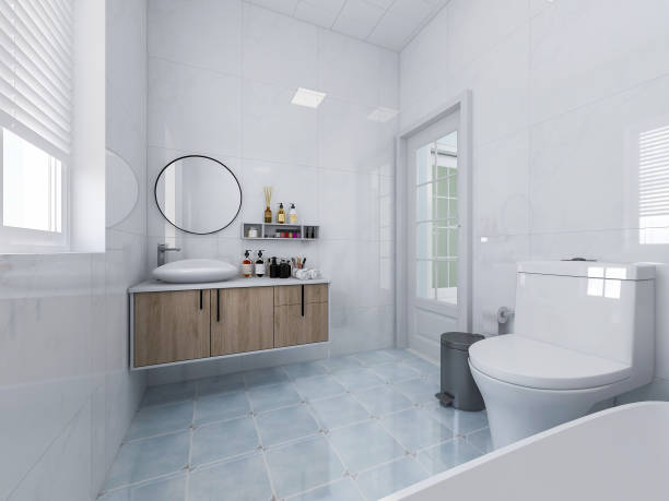 istock 3D rendering, modern residential clean bathroom design, with washbasins, mirrors, toilets and bathtubs 1207506802