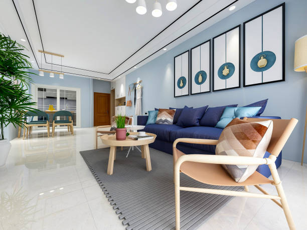 istock 3D rendering, spacious living room design of modern residence, with sofa, tea table, decorative painting, etc 1207506981