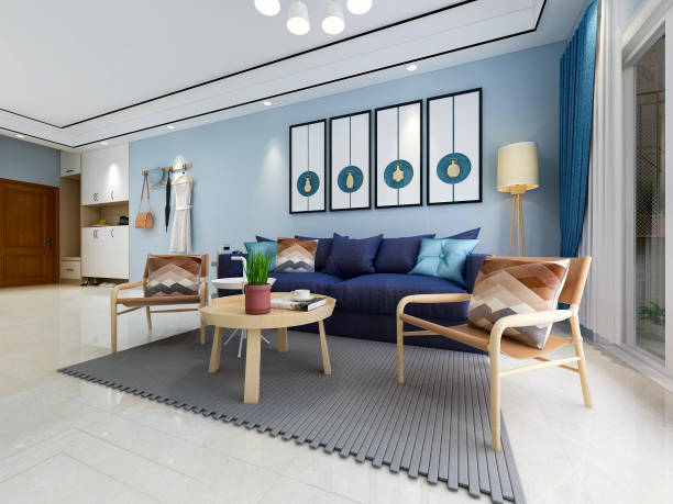 istock 3D rendering, spacious living room design of modern residence, with sofa, tea table, decorative painting, etc 1207506987