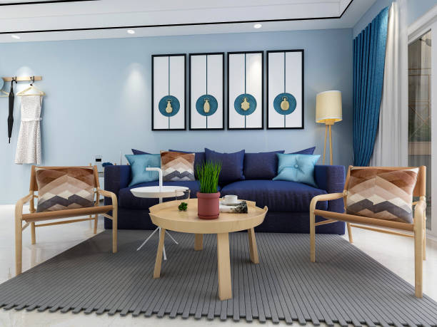 istock 3D rendering, spacious living room design of modern residence, with sofa, tea table, decorative painting, etc 1207506991