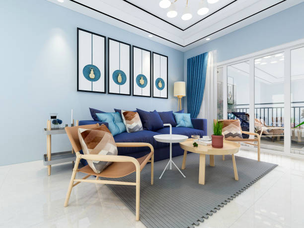 istock 3D rendering, spacious living room design of modern residence, with sofa, tea table, decorative painting, etc 1207506993