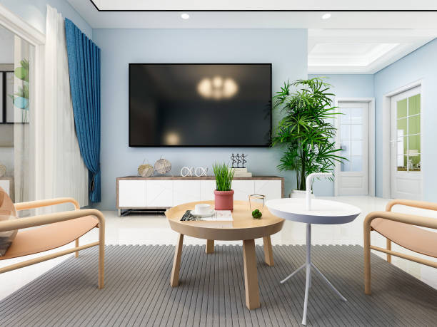 istock 3D rendering, spacious living room design of modern residence, with sofa, tea table, decorative painting, etc 1207507012