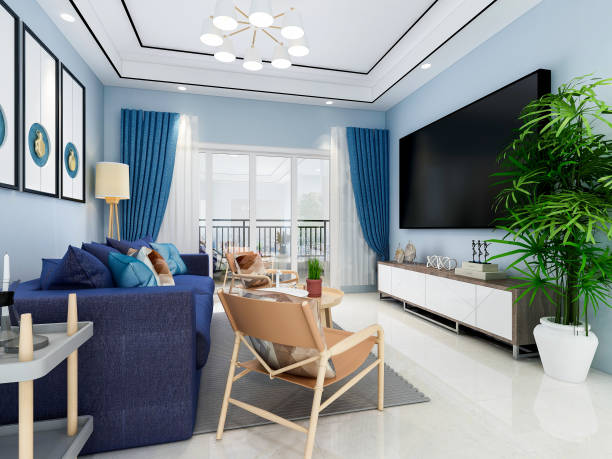 istock 3D rendering, spacious living room design of modern residence, with sofa, tea table, decorative painting, etc 1207507017