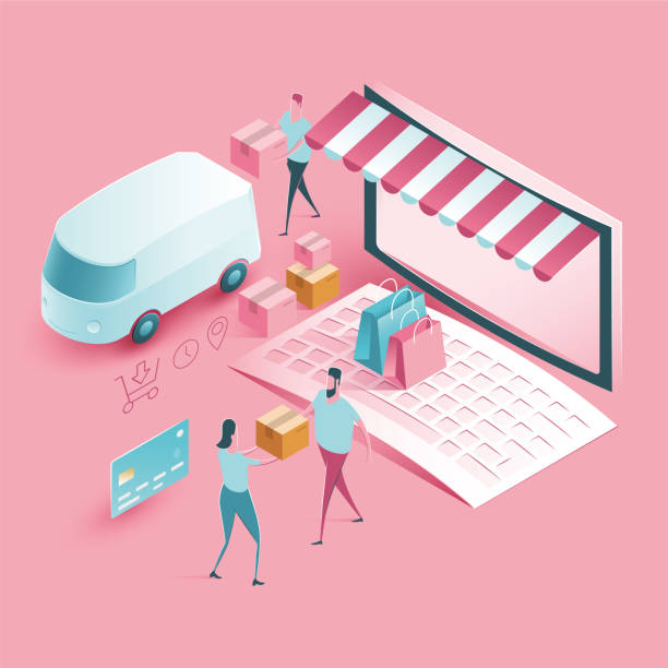 ilustrações de stock, clip art, desenhos animados e ícones de online shop delivery and shopping - isometric illustration - laptop retail e commerce store
