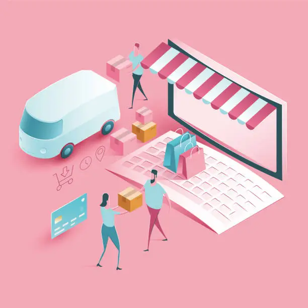 Vector illustration of Online Shop Delivery and Shopping - isometric illustration