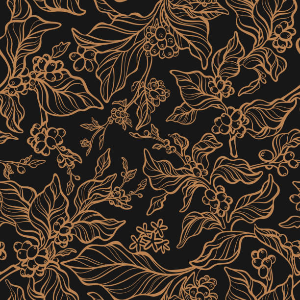 Vector seamless pattern. Art vintage coffee tree Vector vintage seamless pattern. Nature tree, coffee branch, leaf, bean, flower. Art hand drawn design, golden flora on black background, foliage, old garden in bloom. Floral print, embroidery raw food stock illustrations