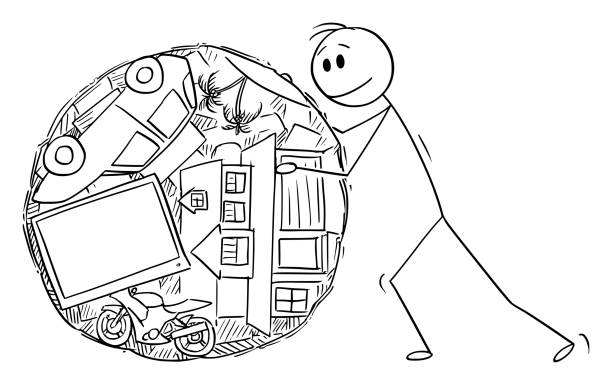 Vector Cartoon Illustration of Man or Businessman Rolling Ball of His Property or Wealth Like Dung Beetle. Vector cartoon stick figure drawing conceptual illustration of man or businessman rolling ball of his wealth or property like dung beetle. beetle the car stock illustrations