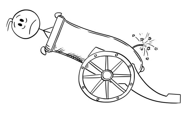 ilustraciones, imágenes clip art, dibujos animados e iconos de stock de ilustración de dibujos animados vectoriales del hombre o hombre de negocios cargado en una gran pistola de artillería o un cañón listo para disparar - gun turret