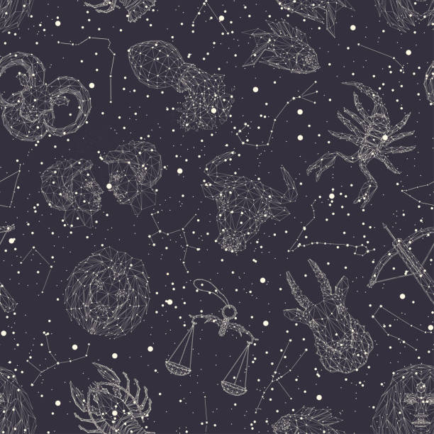 Seamless pattern with zodiac signs. Vector illustration. Starry sky. Seamless pattern with zodiac signs. Vector illustration. Starry sky. Zodiac constellations.Horoscope. Polygonal illustration. zodiac constellation stock illustrations