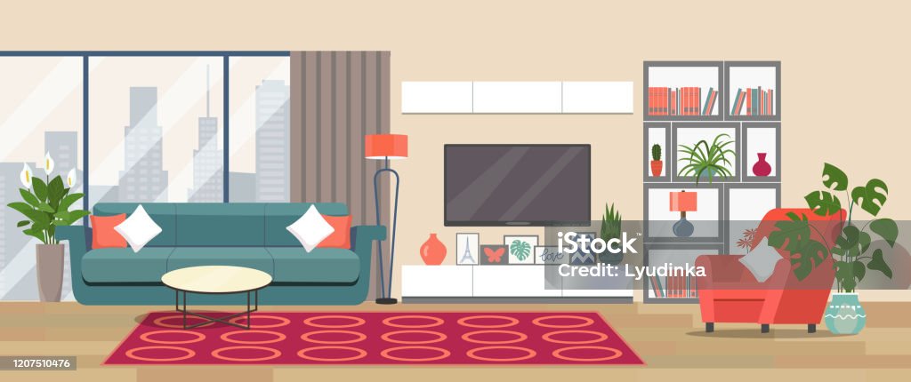 Living room interior. Comfortable sofa, TV,  window, chair and house plants. Vector flat illustration Living Room stock vector