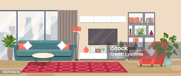 Living Room Interior Comfortable Sofa Tv Window Chair And House Plants Vector Flat Illustration Stock Illustration - Download Image Now