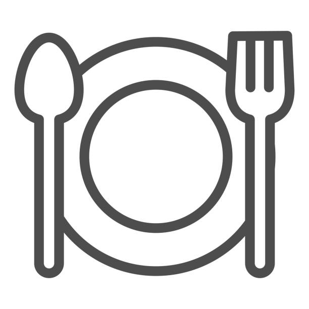 ilustrações de stock, clip art, desenhos animados e ícones de cutlery line icon. plate dish with fork and knife. birthday and anniversary entertainment vector design concept, outline style pictogram on white background, use for web and app. eps 10. - flatware silverware in a row eating utensil