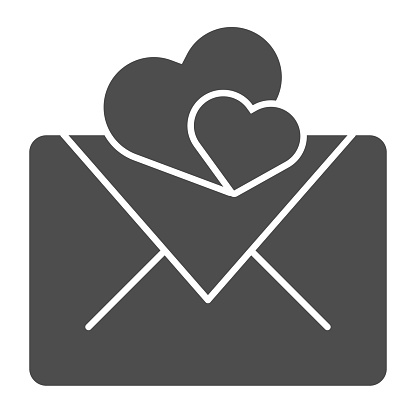 Valentines day envelope solid icon. Cover love letter message with hearts. Birthday party vector design concept, glyph style pictogram on white background, use for web and app. Eps 10