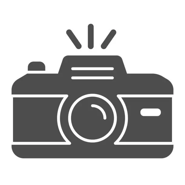 Vector illustration of Camera solid icon. Professional photocamera with flash. Festive Event and Show vector design concept, glyph style pictogram on white background, use for web and app. Eps 10.