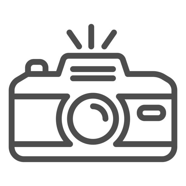 ilustrações de stock, clip art, desenhos animados e ícones de camera line icon. professional photocamera with flash. festive event and show vector design concept, outline style pictogram on white background, use for web and app. eps 10. - interface icons flash