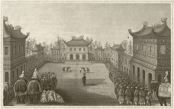 Imperial palace in Beijing, China, steel engraving, published in 1850 The imperial palace in Beijing, China. Steel engraving, published in 1850. paved yard stock illustrations