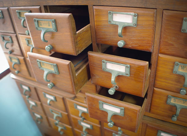 istock Wooden boxes for index cards in library. 1207512533