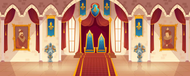 illustrazioni stock, clip art, cartoni animati e icone di tendenza di sala del trono del castello vettoriale, interno della sala da ballo reale - castle fairy tale illustration and painting fantasy