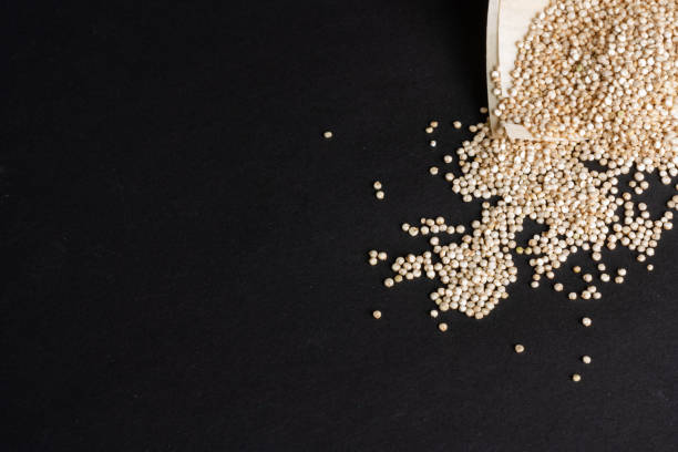 istock Quinoa seeds on black background for copy space. Diet and healthy lifestyle. 1207513665