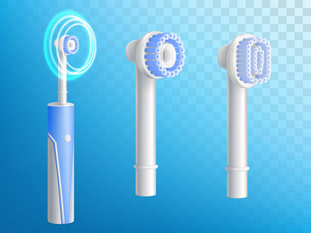 Vector 3d realistic electric toothbrushes, removable nozzles Vector 3d realistic set of toothbrushes, removable nozzles for hygiene product. Dentist equipment, modern electric technology with ultrasound. Fiber setae, bristles and gum. Oral cleaning, prophylaxis seta stock illustrations