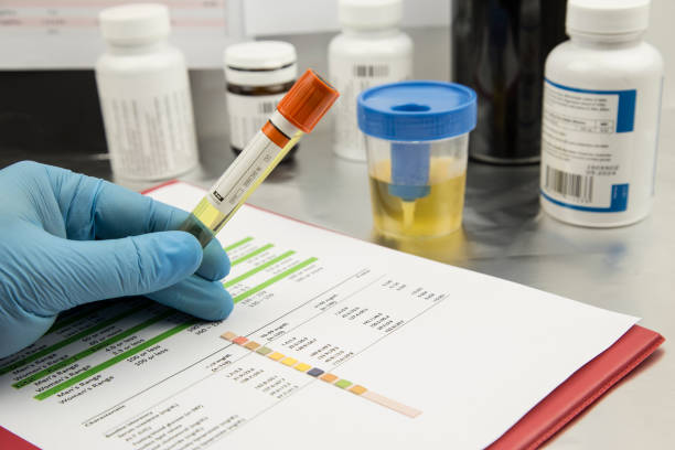 campione di test delle urine e contenitore di laboratorio - doping test foto e immagini stock