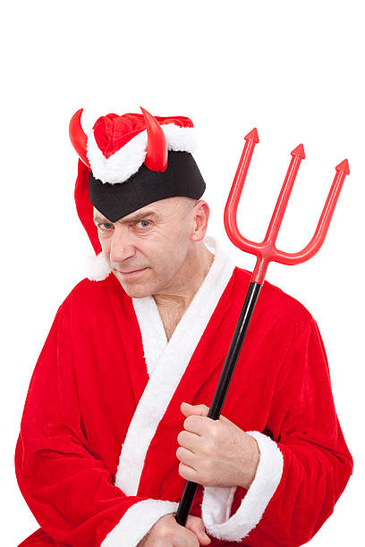 Santa Claus with horns and trident on white background