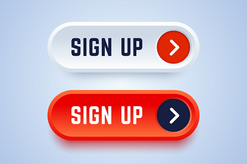 Sign up buttons in 3d style with arrow sign. Red and white buttons to follow and subscribe to news or service. Vector illustration.
