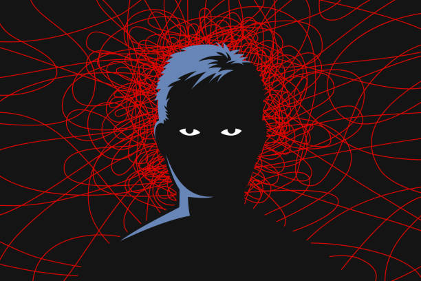 ilustrações, clipart, desenhos animados e ícones de homem tendo pensamentos depressivos. conceito de saúde mental - mental health depression silhouette hysteria