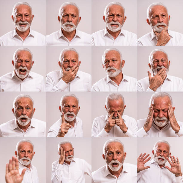 senior mann porträts. collage von bildern. - men senior adult human face smiling stock-fotos und bilder