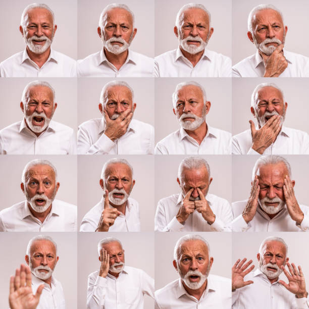 Senior man portraits. Collage of images. Collage of senior man portraits with variety of facial expressions. same person multiple images stock pictures, royalty-free photos & images